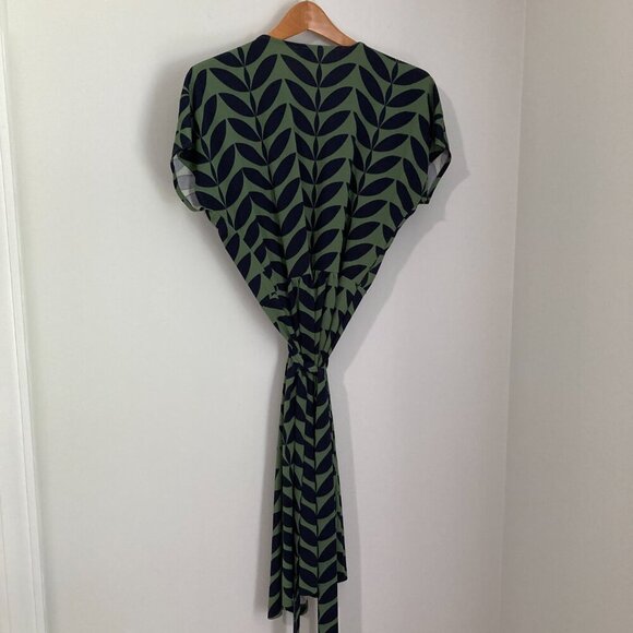 ANN TAYLOR 3/4 Sleeve Geometric BLACK Green WRAP DRESS-V-NECK -KNEE LENGTH Sz 8 - Picture 8 of 11